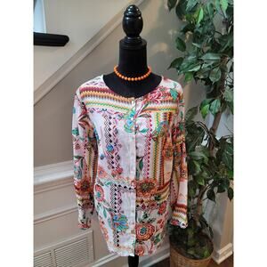 H Halston Blouse 1X Multi Linen Floral Scoop Long Sleeve Curved Hem Button-Up